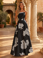 Floral Print A Line Strapless Long Formal Dresses