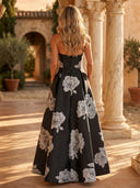 Floral Print A Line Strapless Long Formal Dresses