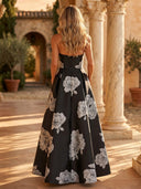 Floral Print A Line Strapless Long Formal Dresses Wedding Guest Maxi Dresses