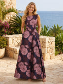 Floral Print A Line Boat Neck Long Formal Dresses with Pockets
