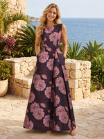 Floral Print A Line Boat Neck Long Formal Dresses with Pockets