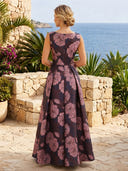Floral Print A Line Boat Neck Long Formal Dresses with Pockets