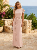 Satin Mermaid Boat Neck Short Sleeves Long Formal Dresses with Flowers