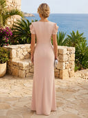 Satin Mermaid Boat Neck Short Sleeves Long Formal Dresses with Flowers