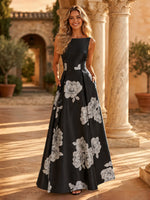 Floral Print A Line Boat Neck Long Formal Dresses with Pockets