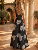 Floral Print A Line Boat Neck Long Formal Dresses with Pockets