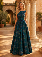 Jacquard A Line Boat Neck Long Formal Dresses with Pockets