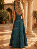 Jacquard A Line Boat Neck Long Formal Dresses with Pockets