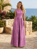 Jacquard A Line Boat Neck Sleeveless Long Formal Dresses with Pockets