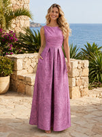 Jacquard A Line Boat Neck Sleeveless Long Formal Dresses with Pockets