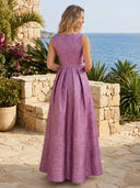 Jacquard A Line Boat Neck Sleeveless Long Formal Dresses with Pockets