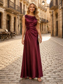 Satin Mermaid Boat Neck Long Formal Dresses with Flowers