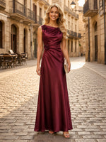 Satin Mermaid Boat Neck Long Formal Dresses with Flowers