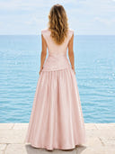Satin A Line Boat Neck Long Formal Dresses with Pockets
