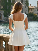Satin A Line Cap Sleeves Square Neck Short Homecoming Dresses