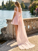 Satin Off the Shoulder Short A Line Homecoming Dresses with Scarf