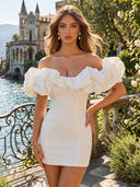Satin Off the Shoulder Mermaid Short Ruffles Homecoming Dresses