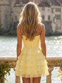 Tiered Chiffon Strapless Short A Line Homecoming Dresses with Bow