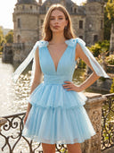 Tiered Tulle V Neck Short A Line Homecoming Dresses with Bow