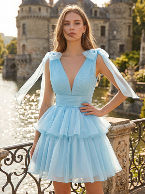 Tiered Tulle V Neck Short A Line Homecoming Dresses with Bow