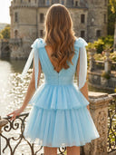 Tiered Tulle V Neck Short A Line Homecoming Dresses with Bow