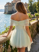 Tulle Off the Shoulder Short A Line Homecoming Dresses with Lace