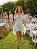 Tulle Off the Shoulder Short A Line Homecoming Dresses with Lace