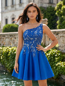 Satin One Shoulder Short A Line Homecoming Dresses with Lace