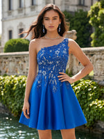 Satin One Shoulder Short A Line Homecoming Dresses with Lace