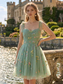 Floral Tulle Spaghetti Straps A Line Short Homecoming Dresses