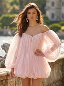 Tulle Off the Shoulder Long Sleeves A Line Short Homecoming Dresses