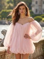 Tulle Off the Shoulder Long Sleeves A Line Short Homecoming Dresses
