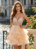 Tulle Spaghetti Straps V Neck Tiered A Line Short Homecoming Dresses