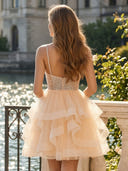 Tulle Spaghetti Straps V Neck Tiered A Line Short Homecoming Dresses