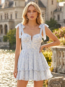 Chiffon Spaghetti Straps Short Tiered A Line Homecoming Dresses with Floral