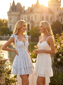 Chiffon Spaghetti Straps Short Tiered A Line Homecoming Dresses with Floral