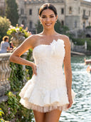 Tulle Strapless A Line Short Homecoming Dresses with Flower