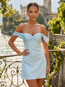 Satin Off the Shoulder Short Mermaid Homecoming Dresses