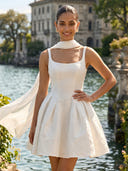 Satin Spaghetti Straps A Line Short Floral Homecoming Dresses with Scarf