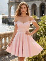 Satin Off the Shoulder A Line Short Lace Homecoming Dresses