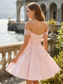 Satin Off the Shoulder A Line Short Lace Homecoming Dresses