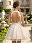 Lace Short Halter A Line Puffy Backless Homecoming Dresses