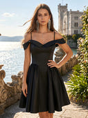 Satin Off the Shoulder Short A Line V Neck Homecoming Dresses