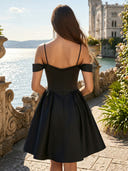 Satin Off the Shoulder Short A Line V Neck Homecoming Dresses