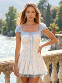 Floral Short Cap Sleeves Square Neck A Line Homecoming Dresses