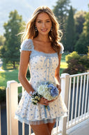 Floral Short Cap Sleeves Square Neck A Line Homecoming Dresses