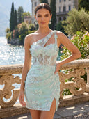 Lace One Shoulder Corset Mermaid Short Homecoming Dresses