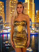 Metallic Satin Strapless Corset Mermaid Short Homecoming Dresses