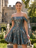 Floral A Line Short Off the Shoulder Drop Waist Homecoming Dresses