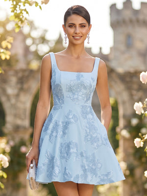 Floral A Line Short Spaghetti Straps Square Neck Homecoming Dresses